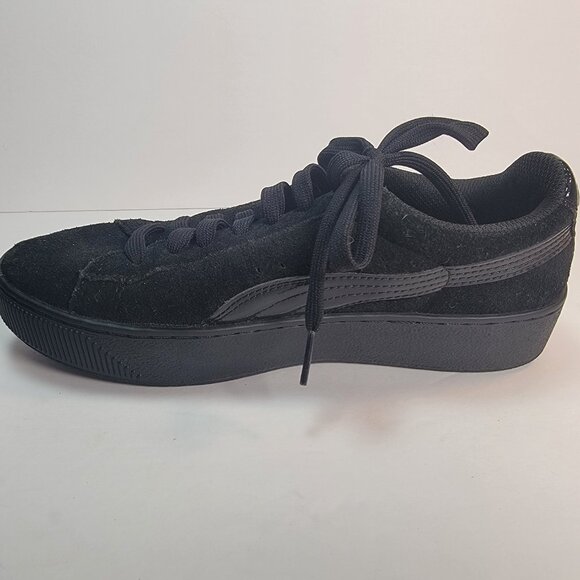 WOMEN'S 7.5 PUMA VIKKY PLATFORM SHOES TRAINERS ALL BLACK SUEDE LEATHER-Preloved - Picture 5 of 10